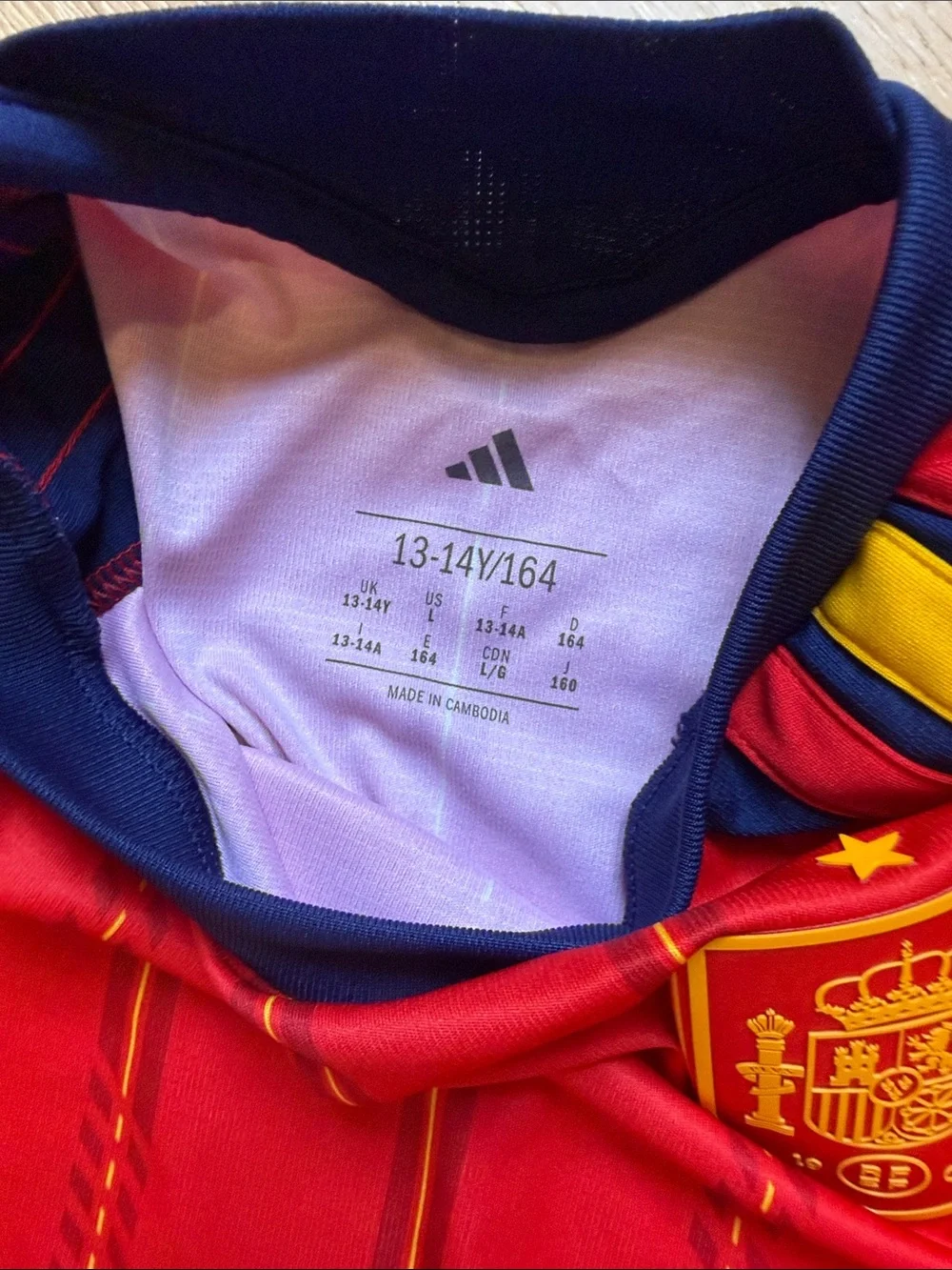 adidas Kids Spain Red Soccer Top with Navy & Yellow Accents